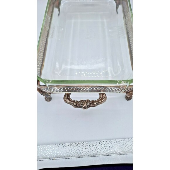 Vtg Anchor Hocking Fire King Glass Casserole Dish with Silver plated Tray 9x13in - Picture 9 of 12